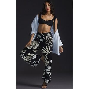 Maeve Saria Smock Hi Rise Wide-Leg Pants Viscose Black Tan Floral Pockets Sz XS